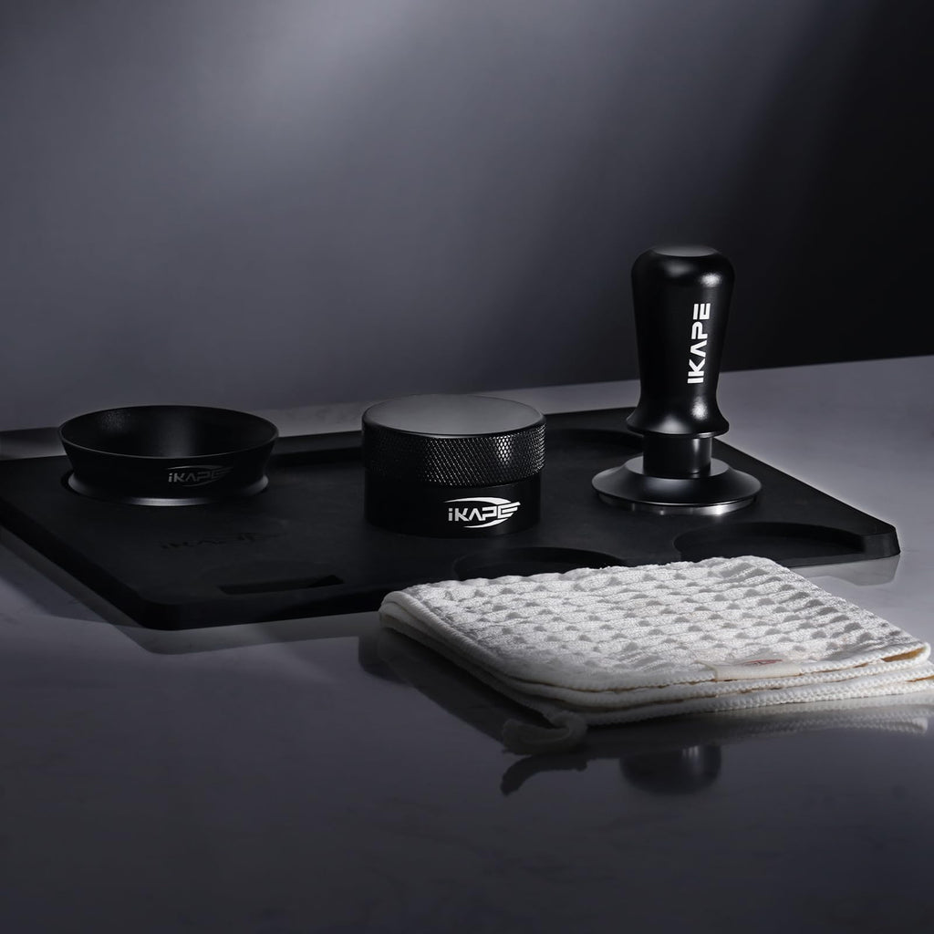 IKAPE 58MM Espresso Tamper Kit Black 6 IN 1, Coffee Tamper Set Including Tamper, Distributor, Magnetic Dosing Funnel, Silicone Mat, Puck Screen, and Cleaning Towel