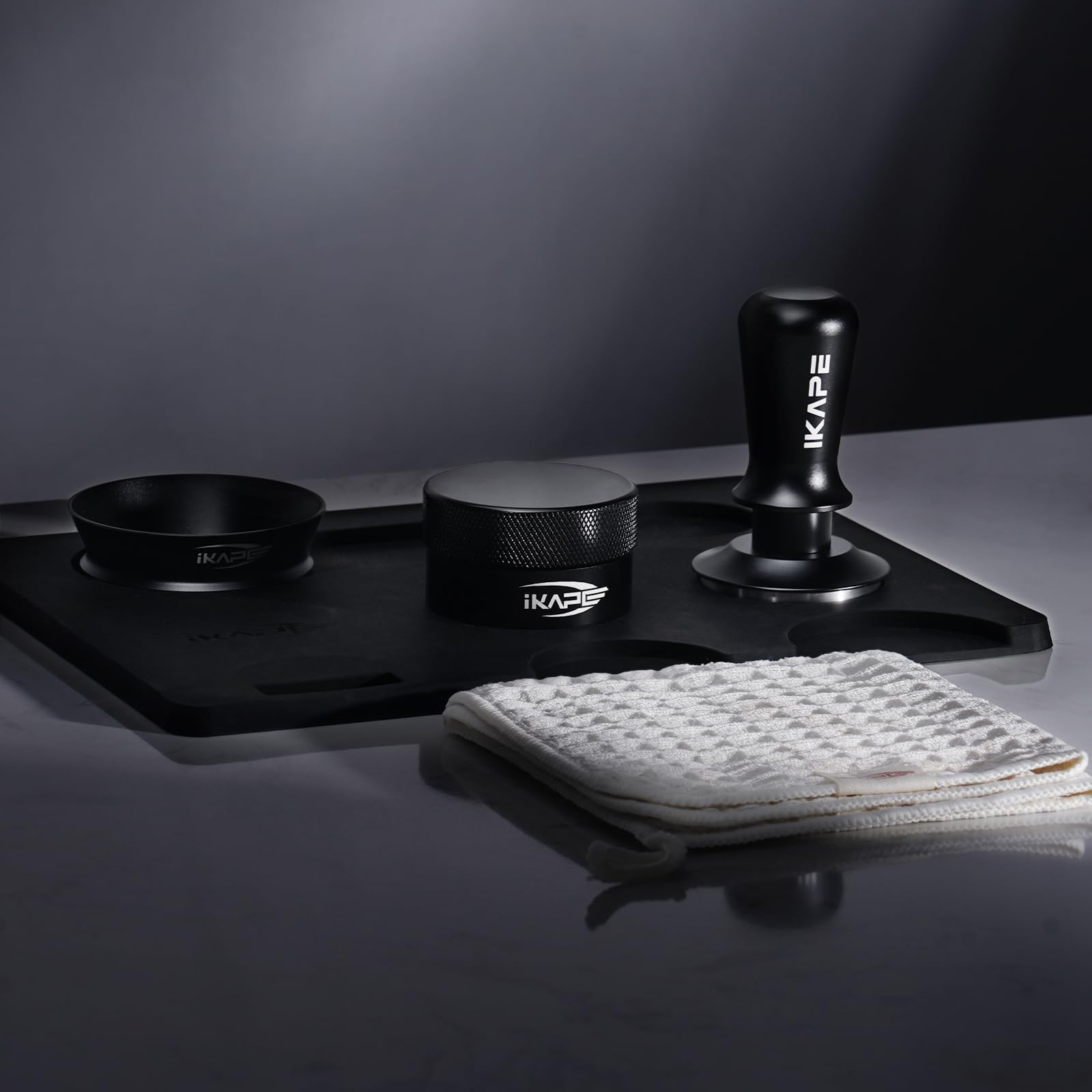 IKAPE 58MM Espresso Tamper Kit Black 6 IN 1, Coffee Tamper Set Including Tamper, Distributor, Magnetic Dosing Funnel, Silicone Mat, Puck Screen, and Cleaning Towel