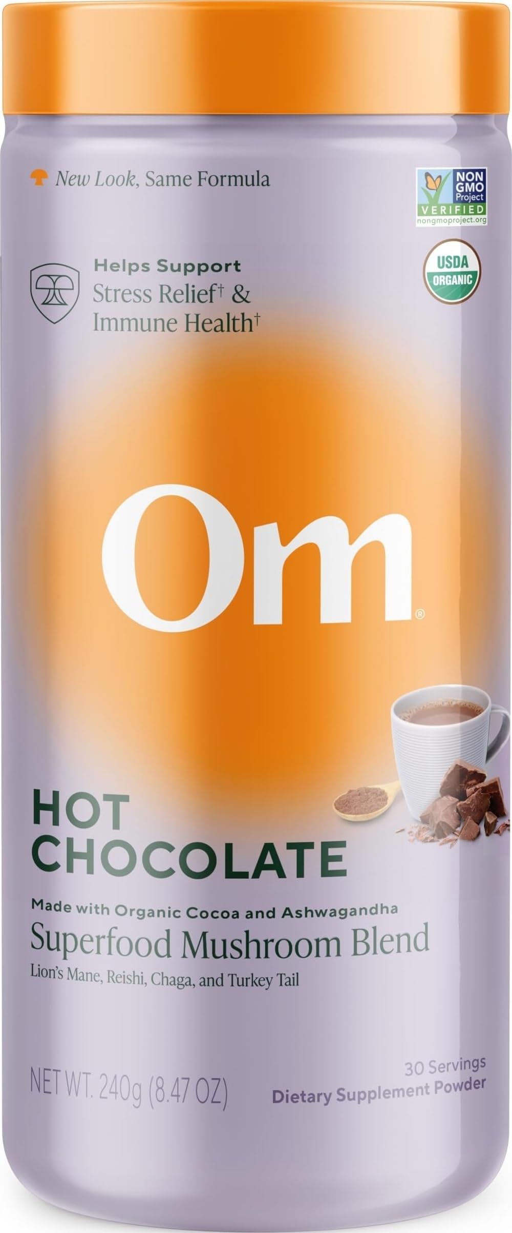 OM MUSHROOM SUPERFOOD Hot Chocolate Blend – Dutch Cocoa with Lion’s Mane, Reishi, Chaga & Turkey Tail – Supports Focus, Calm & Stress Relief – 2g Sugar, 25 Calories – 8.47 oz Canister (30 Servings)