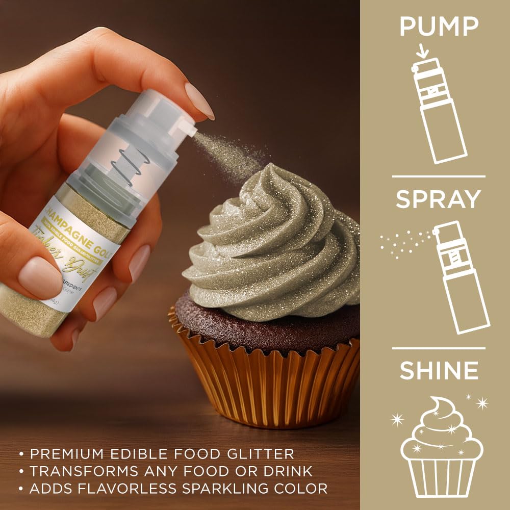 Bakell - Champagne Gold Tinker Dust (4g, 1x Mini Spray Pump) Edible Glitter for Food, Desserts, and Baked goods!