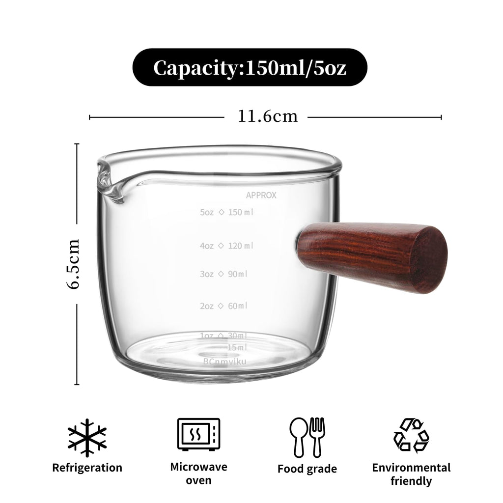 BCnmviku Espresso Shot Glass 150ML/5OZ Triple Pitcher Barista Single Spouts With Wood Handle (1)