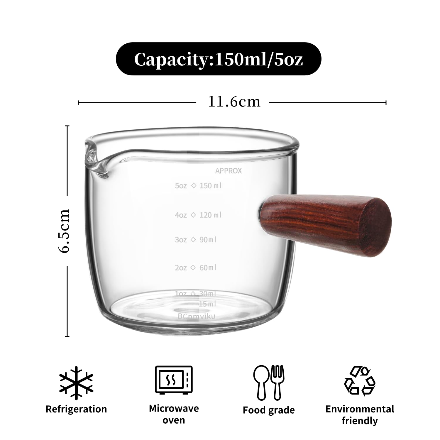 BCnmviku Espresso Shot Glass 150ML/5OZ Triple Pitcher Barista Single Spouts With Wood Handle (1)