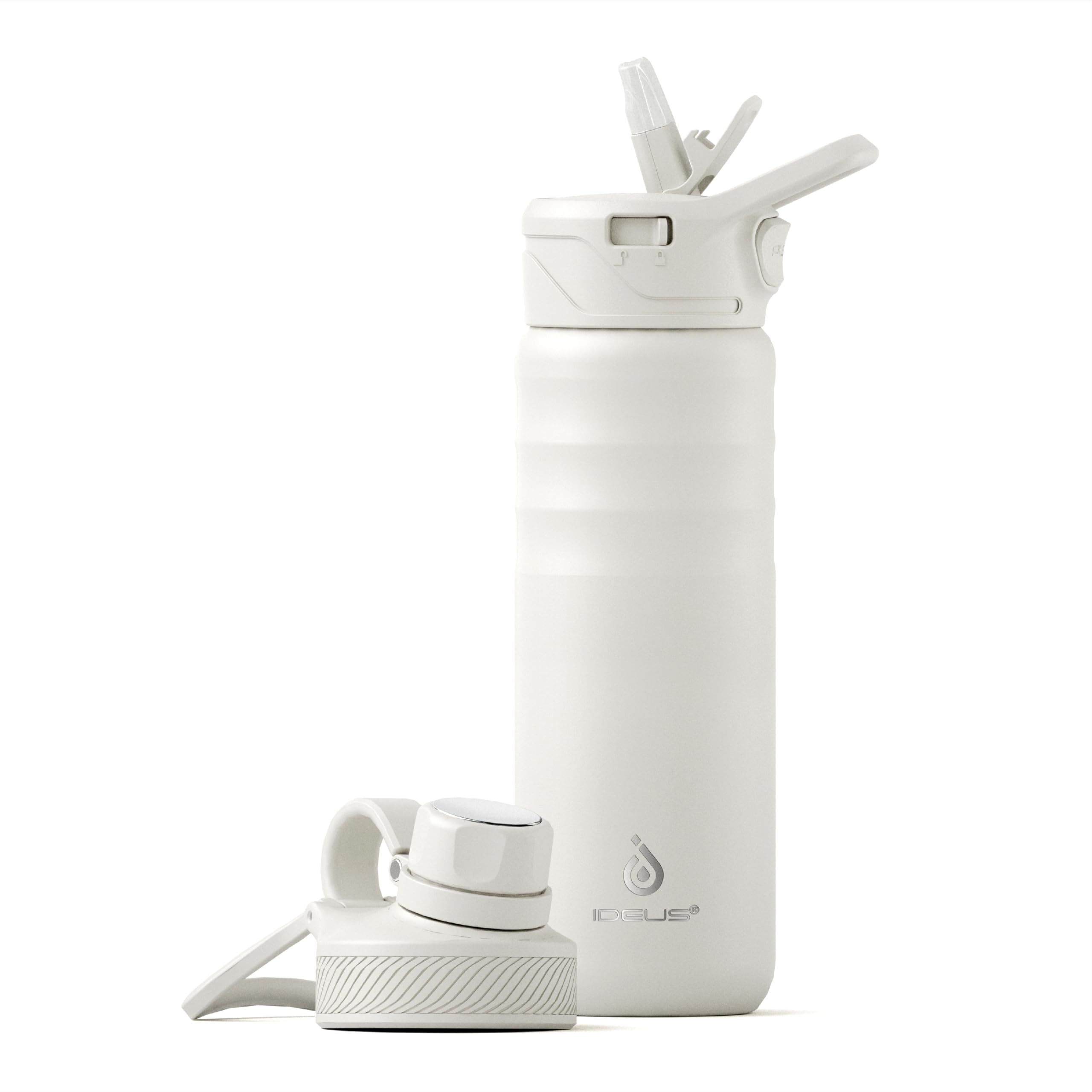 IDEUS Insulated Stainless Steel Water Bottle with 2 Leak-Proof Lids, Thermal Water Flask for Hiking Biking, 24oz, White