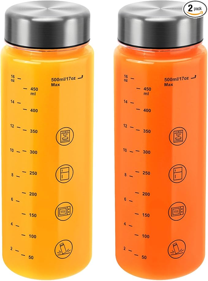 2 Pack Juice Bottles with Caps - Wide Mouth Resuable Clear Plastic Water Bottles for Juicing,Smoothie,Protein, Beverage,Storage Containers,BPA Free,Leakproof Stainless Steel Lid(16 Ounces)