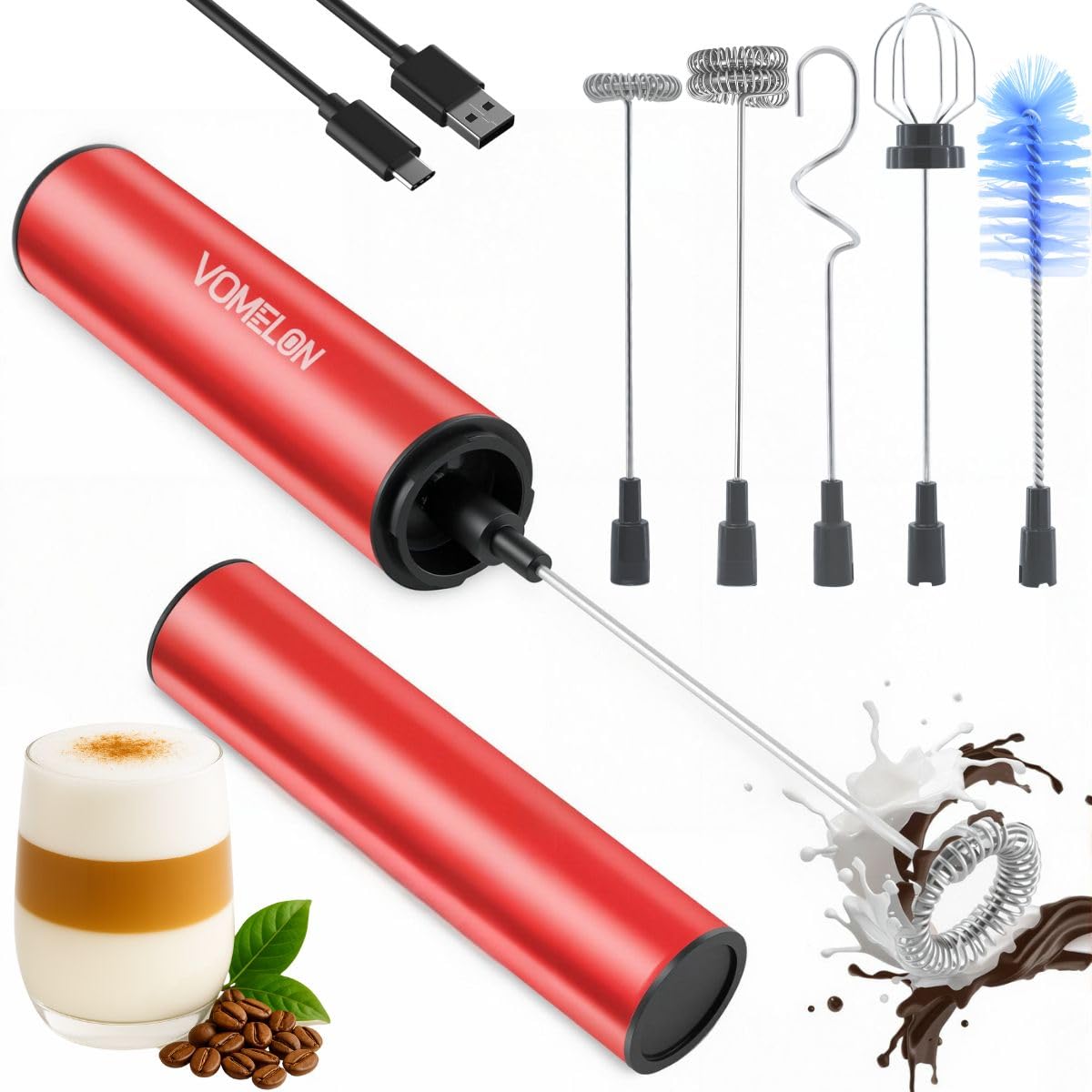 Rechargeable Milk Frother Handheld Electric Frother Wand Milk Foamer Drink Mixer for Coffee, Lattes, Cappuccino, and Egg, Stainless Steel for Travel-Rube Red