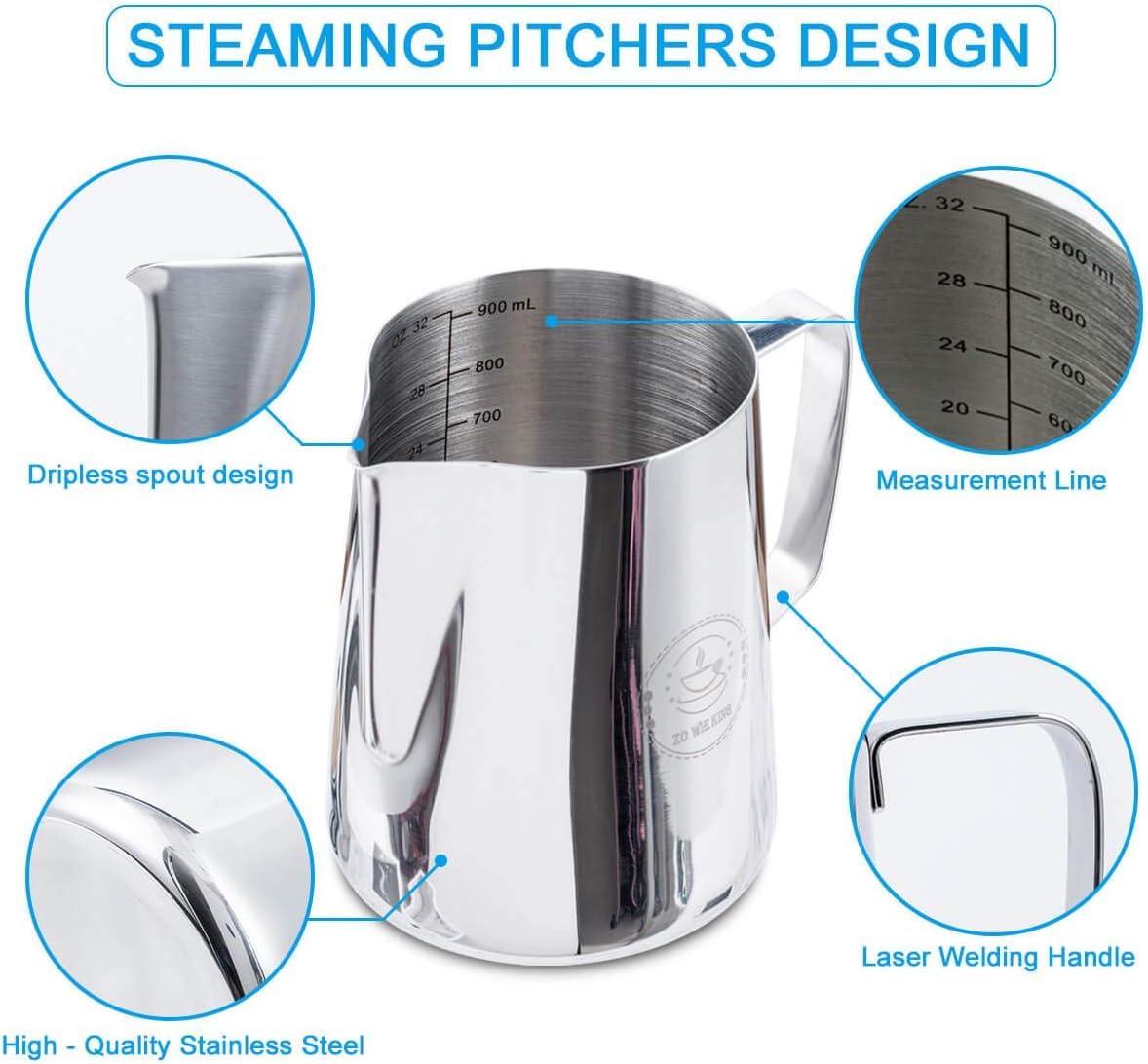 50oz Milk Frothing Pitcher, Stainless Steel Espresso Steamer Frother Cup