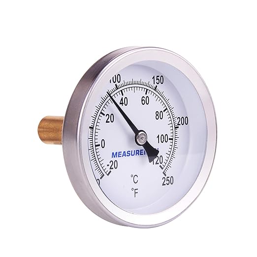 MEASUREMAN Hot Water Bi-Metal Thermometer, 2-1/2" Dial, 1-3/4" Lead-Free Brass Stem, Range 0-250 deg F/-20-120 deg C, 2% Accuracy, Adjustable, 1/2" NPT Back Mount