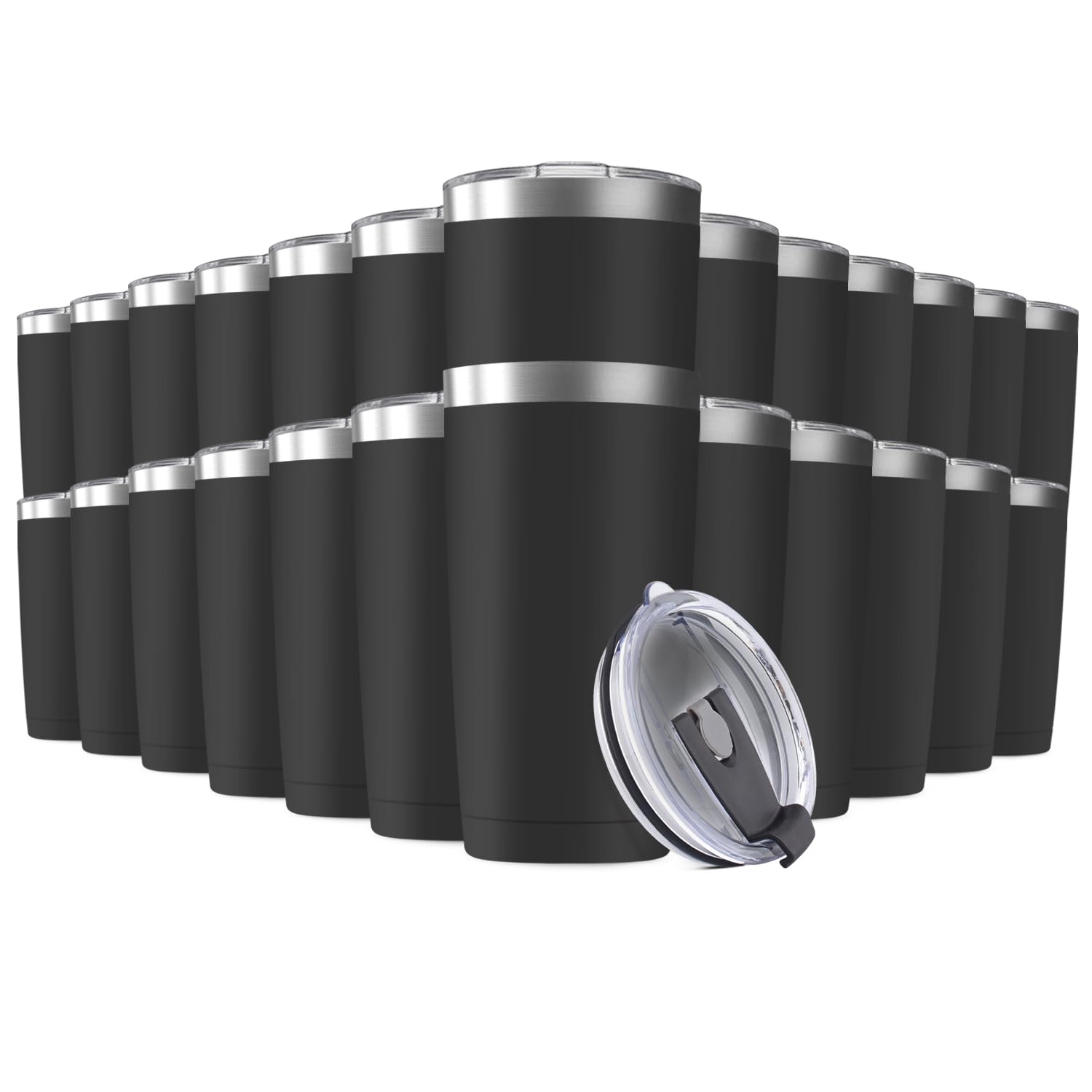 Deitybless 25 Pack 20oz Tumbler Vacuum Insulated Travel Mug with Lids, Stainless Steel Double Wall Bulk Cup for Home, Office, Outdoor Suitable for Vehicle Cup Holders Black