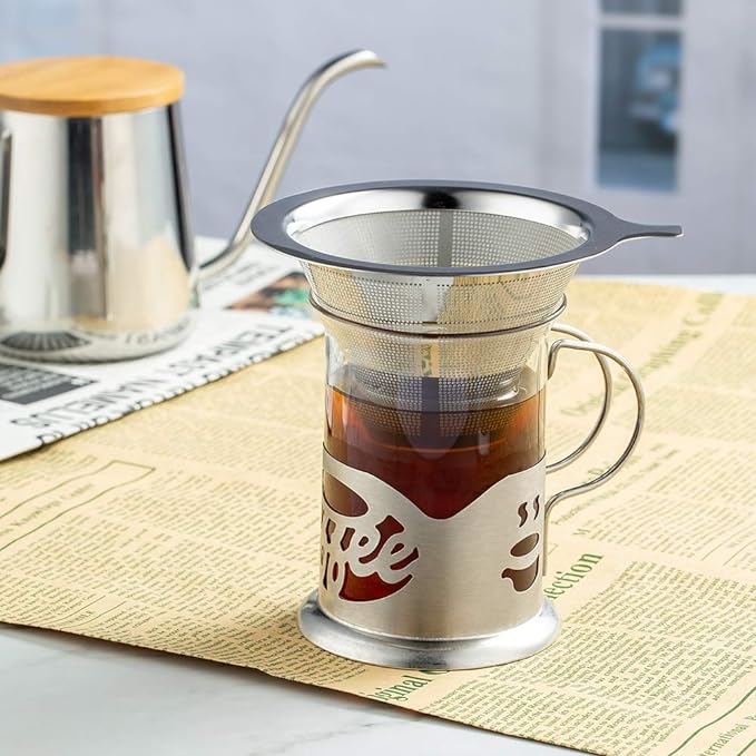 Upgraded Pour Over Coffee Filter, Coffee Dripper, Paperless Mess Stainless Steel Coffee Filter, Maker One to Two Cup Coffee, Easy to Use and Clean (1-2Cups)