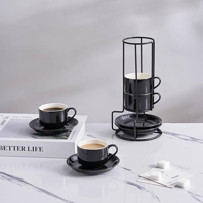 YOLIFE 2.5oz Porcelain Stackable Espresso Cups with Saucers and Metal Stand Set of 4, Stackable Cappuccino Cups, Black Expresso Shots Cup Set for Coffee Drinks, Latte, Tea
