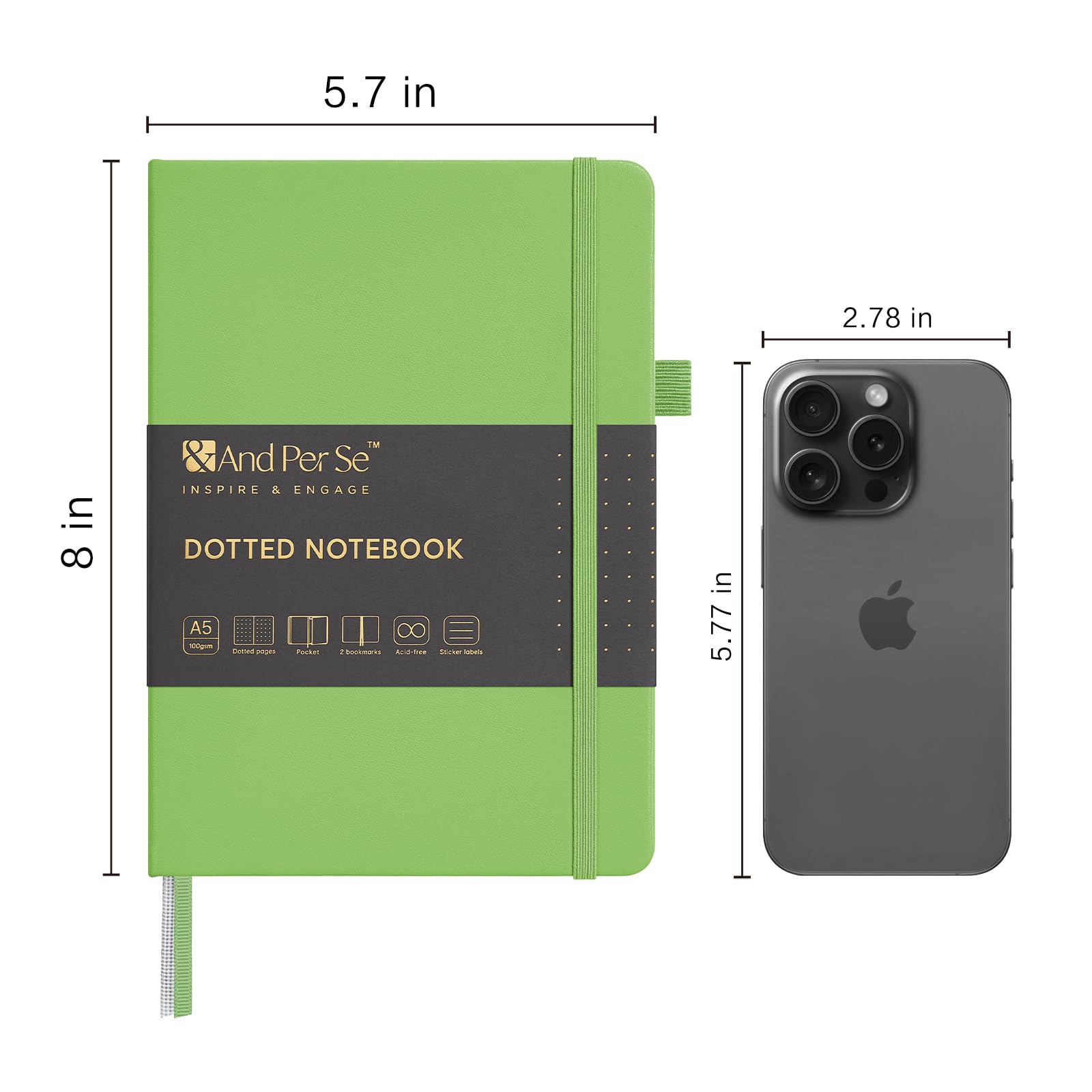 &And Per Se Dotted Journal Notebook, A5 Hardcover Leather Dotted Journal, 160 Pages 100gsm Thick Dot Grid Paper, 3 Sheets of Stickers Included - 5.7'' x 8'' (Pastel green)