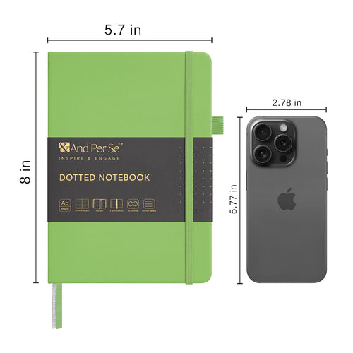 &And Per Se Dotted Journal Notebook, A5 Hardcover Leather Dotted Journal, 160 Pages 100gsm Thick Dot Grid Paper, 3 Sheets of Stickers Included - 5.7'' x 8'' (Pastel green)