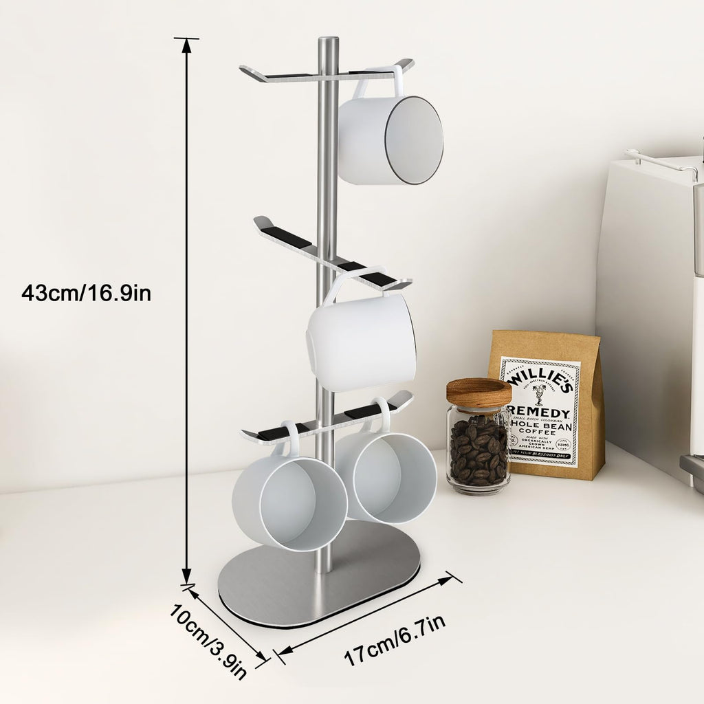 XEENEW Mug Holder Tree, Coffee Cup Holder with 6 Hooks, Coffee Mug Rack, Metal Mug Tree for Counter, Mug Holder Stand Coffee Mug Hanger(Brushed Nickel)