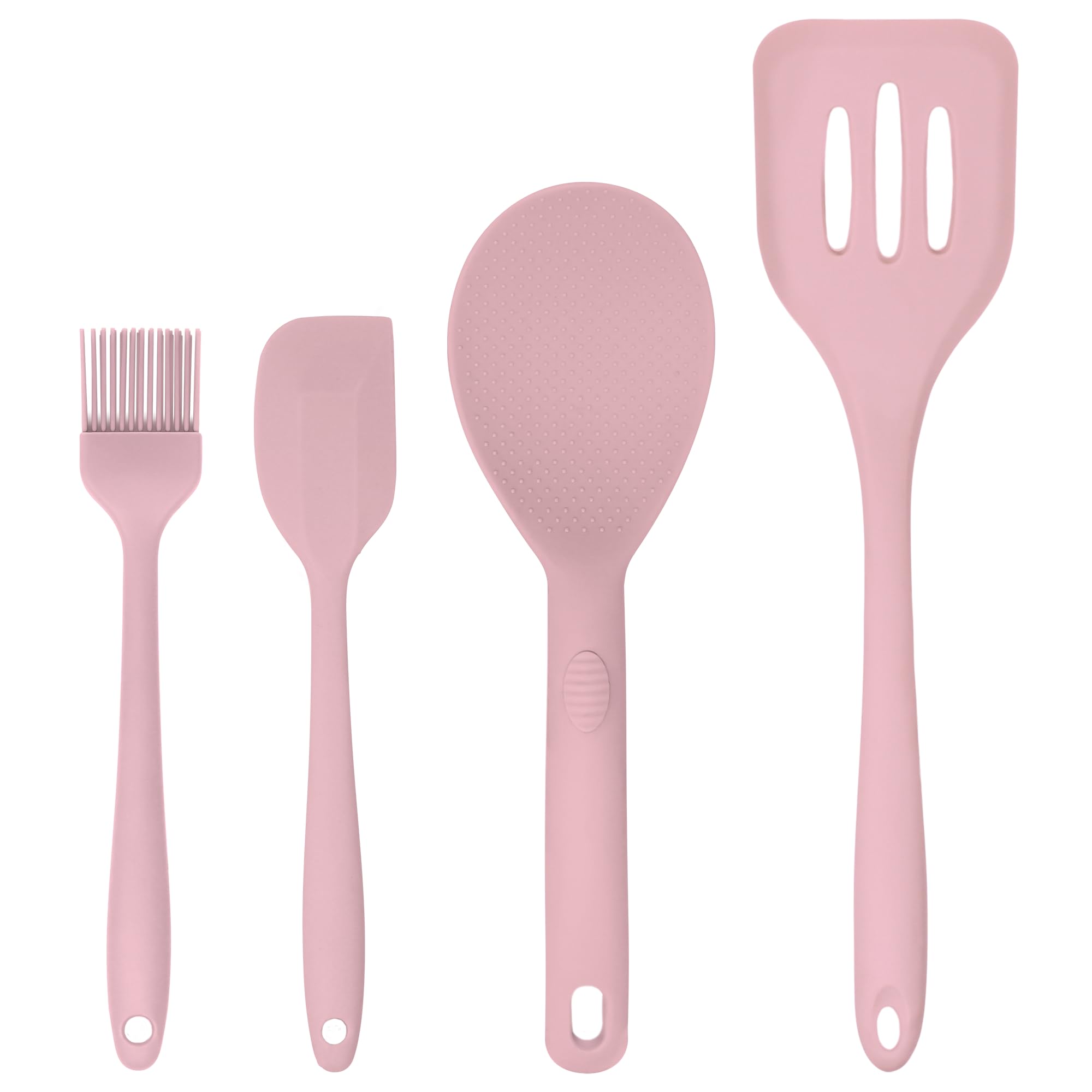 Silicone Utensils 4-Piece Set – Rubber Spatula, Pastry Brush, Slotted Turner, and Rice Paddle – Complete Heat-Resistant Set for Non-Stick Cookware – Kitchen Tools for Cooking and Baking – Pastel Pink