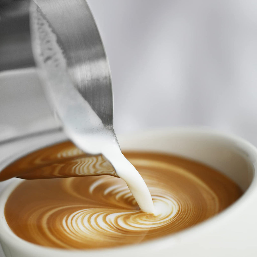 MHW-3BOMBER Milk Frothing Pitcher 12oz/350ml Milk Frother Cup Espresso Steaming Pitcher Stainless Steel Milk Frother Cup Barista Latte Art Round Spout Latte Art Pitcher P7121S