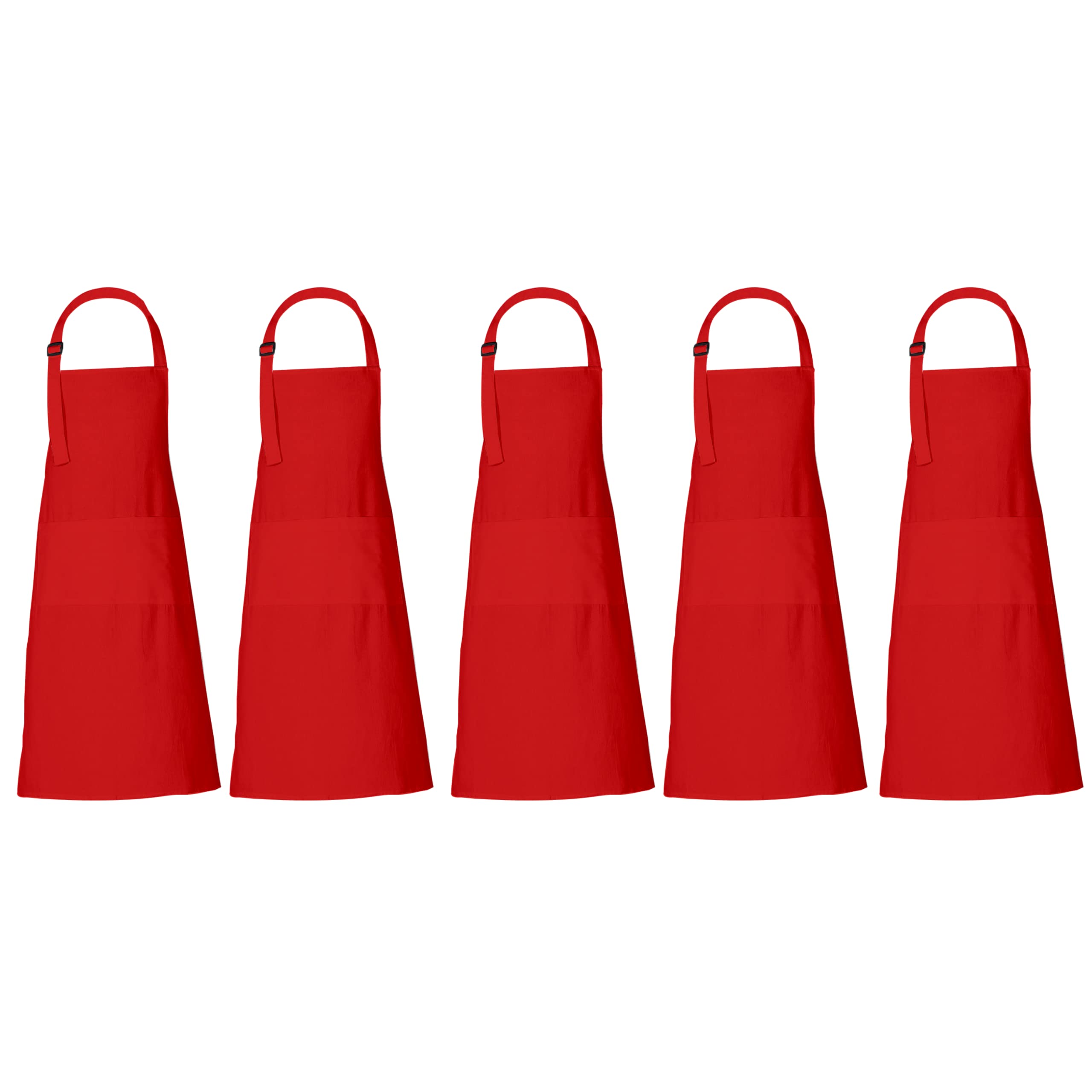 RAJRANG Chef Apron Women Men with Pockets Cotton Kitchen Cooking Full Aprons Red 35x27 Inches Pack of 5