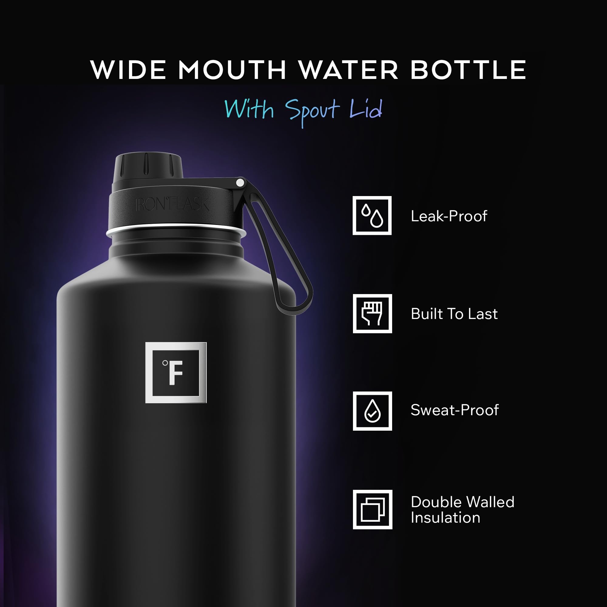 IRON °FLASK Camping & Hiking Hydration Flask with Spout, Wide Mouth Insulated Stainless Steel Sports Water Bottle - 64 oz Sky