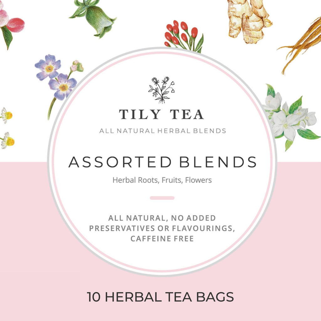 Tily Tea Assorted Herbal Tea Box - 5 Flavors of Caffeine-Free Tea - Morning Shine, Through the Day, Evening Calm, Perfect Pairing, Radiant Glow - 10 Plastic-Free Pyramid Tea Bags