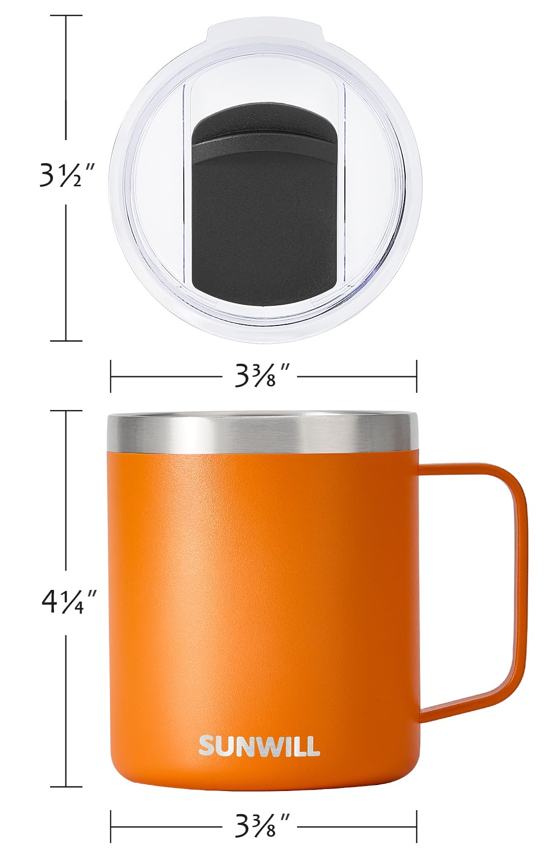 SUNWILL Insulated Coffee Mug with Lid, Travel Tumbler with Handle, 14 oz Stainless Steel Cup for Camping, Office, Home, Powder Coated Orange