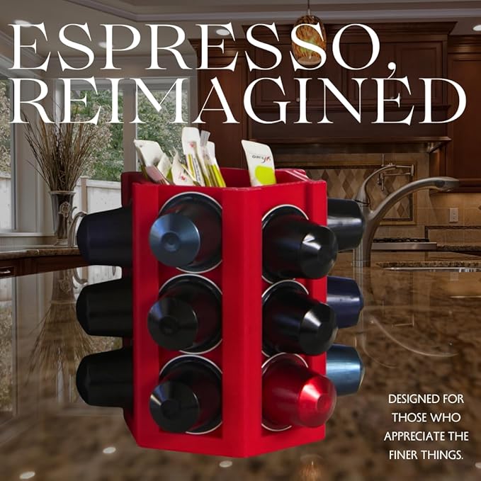 Espresso Coffee Pod Holder & Organizer | Espresso Capsule Kitchen Display Carousel | Holds 18 Pods | Made in USA (Red)