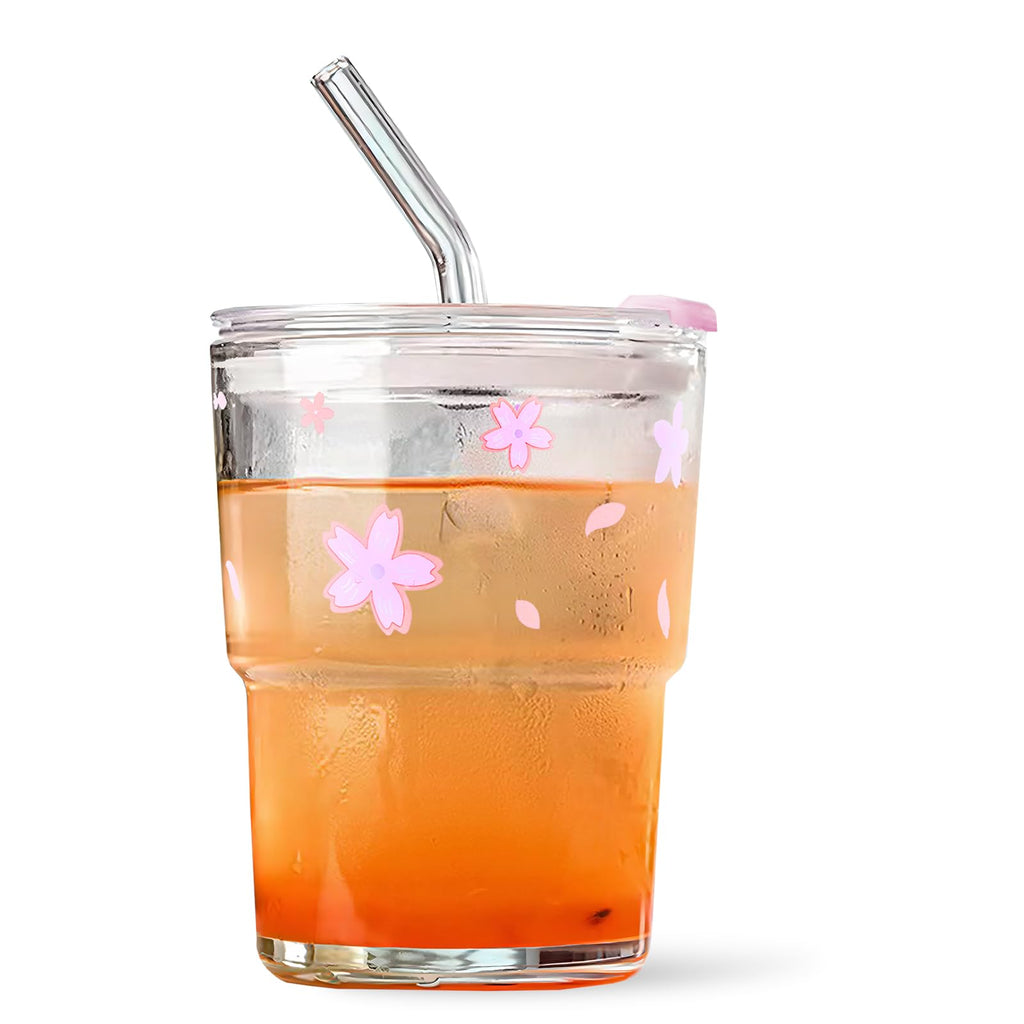 Colnic Iced Coffee Cup, 15Oz/450ml Glass Cups With Lids And Straws, Iced Coffee Glasses Tumbler, Thick Wall Mug For Tea Water With Glass Straw, Coffee Cute Tumbler Gifts (Pink)