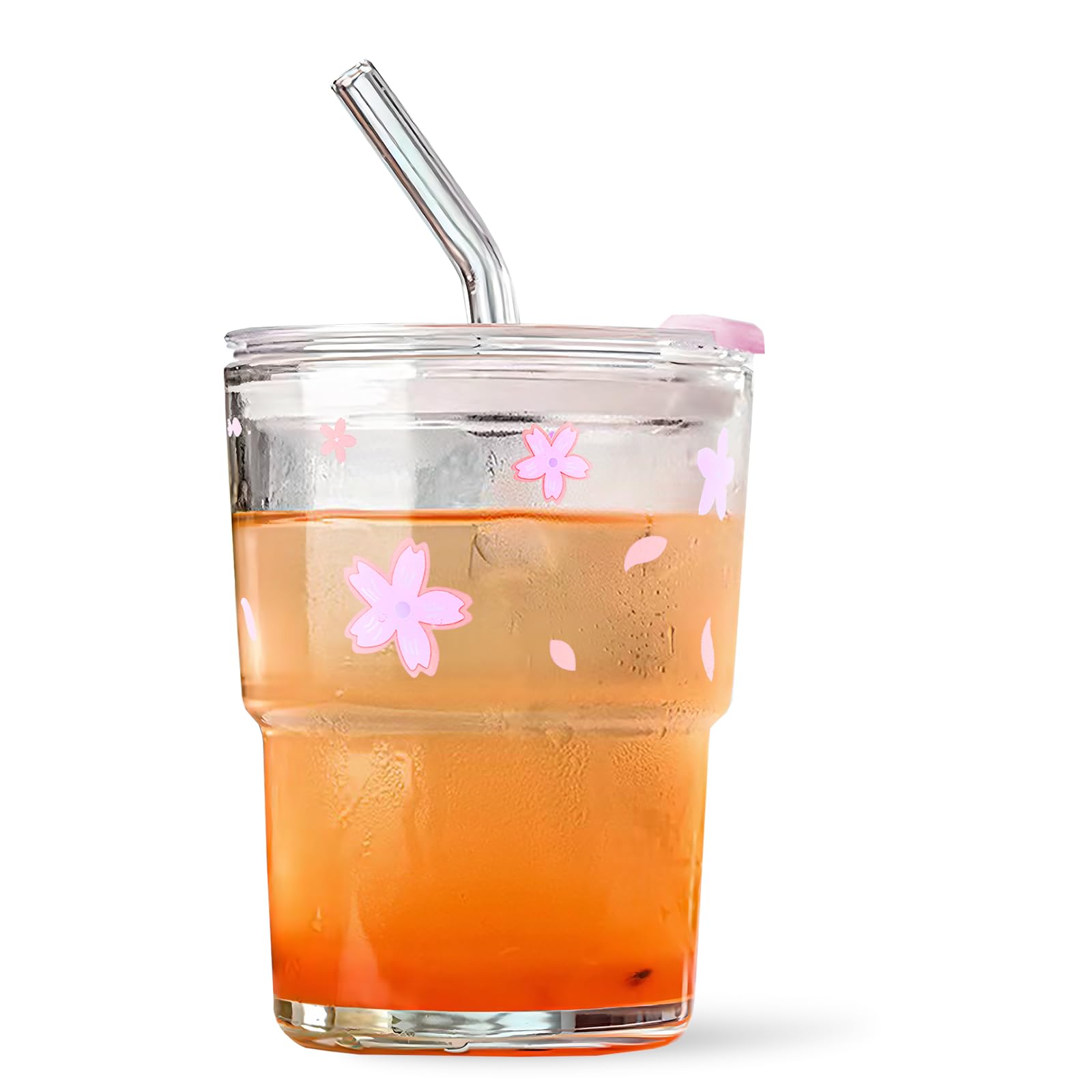 Colnic Iced Coffee Cup, 15Oz/450ml Glass Cups With Lids And Straws, Iced Coffee Glasses Tumbler, Thick Wall Mug For Tea Water With Glass Straw, Coffee Cute Tumbler Gifts (Pink)