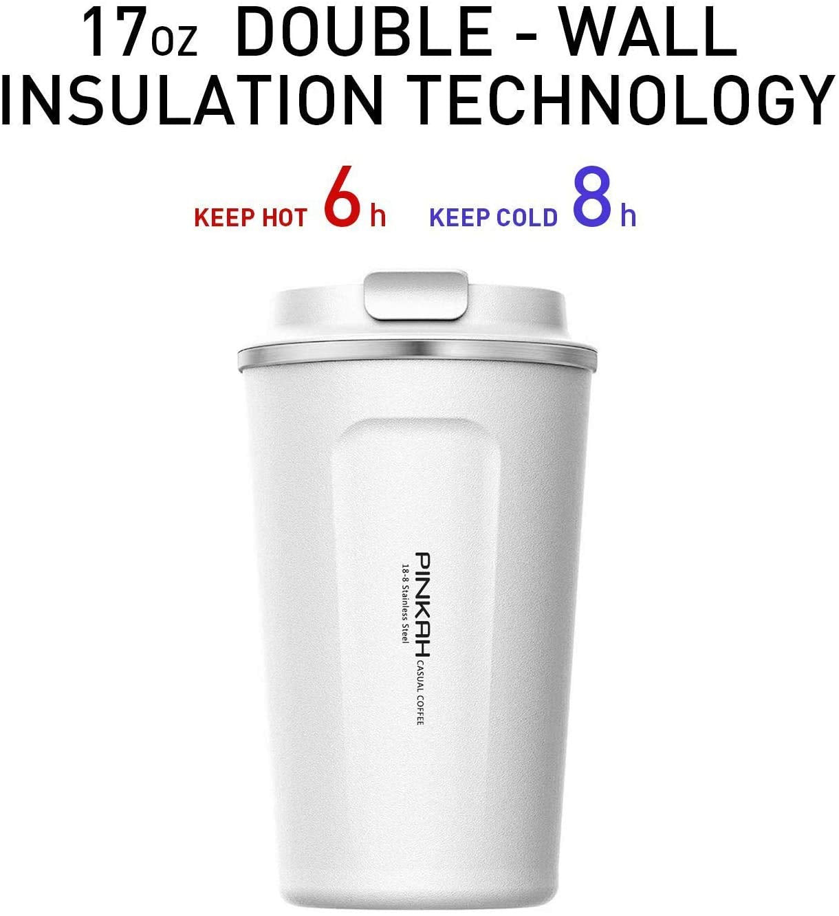 PINKAH 17OZ Vacuum Casual Travel Coffee Mug for Hot/Cold Coffee, Double Walled Stainless Steel Insulated Coffee Tumbler, Thermal Coffee Cup for Home Office