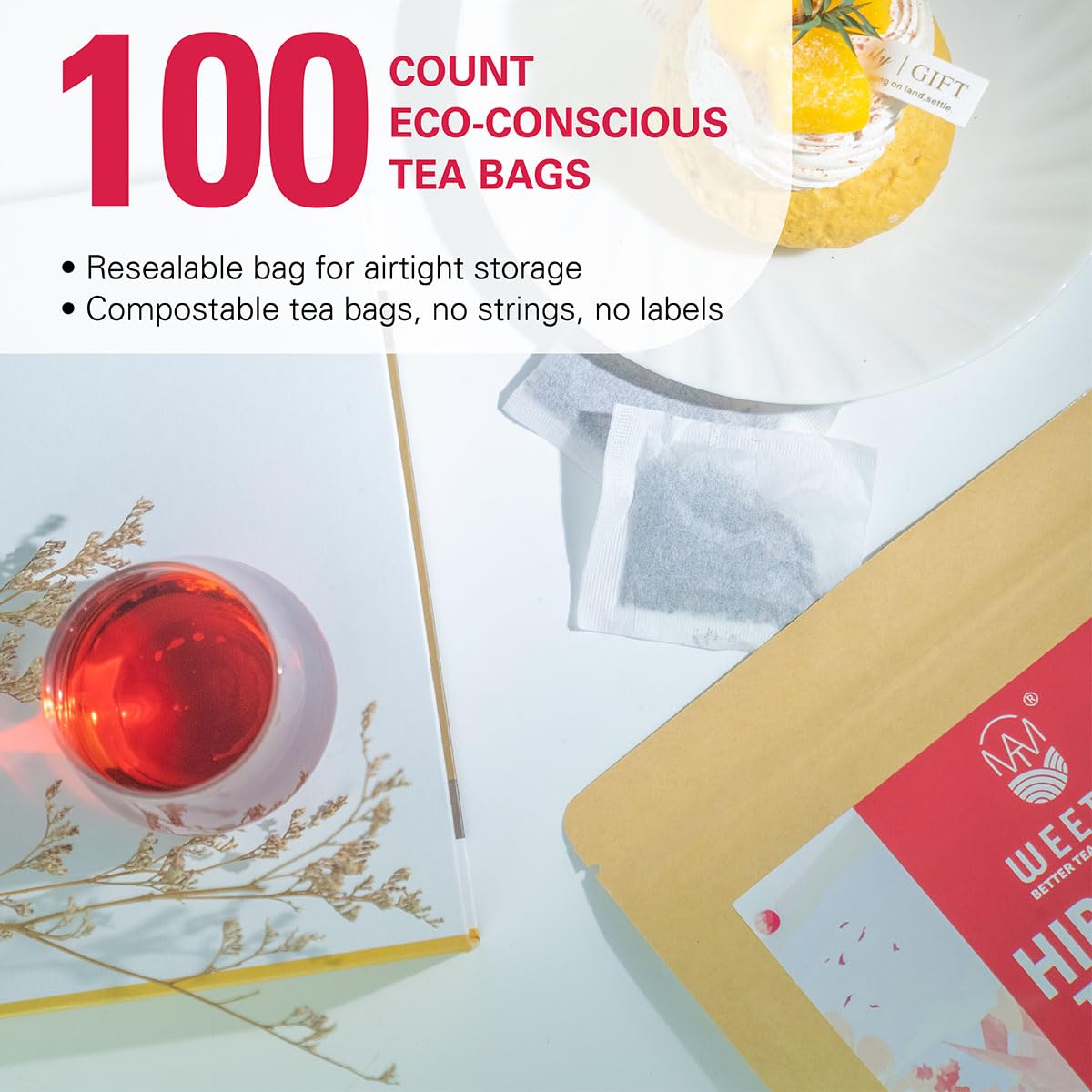WT WEETEE Hibiscus Tea Bags 100ct, Cold Brew Friendly Pure Hibiscus Flowers