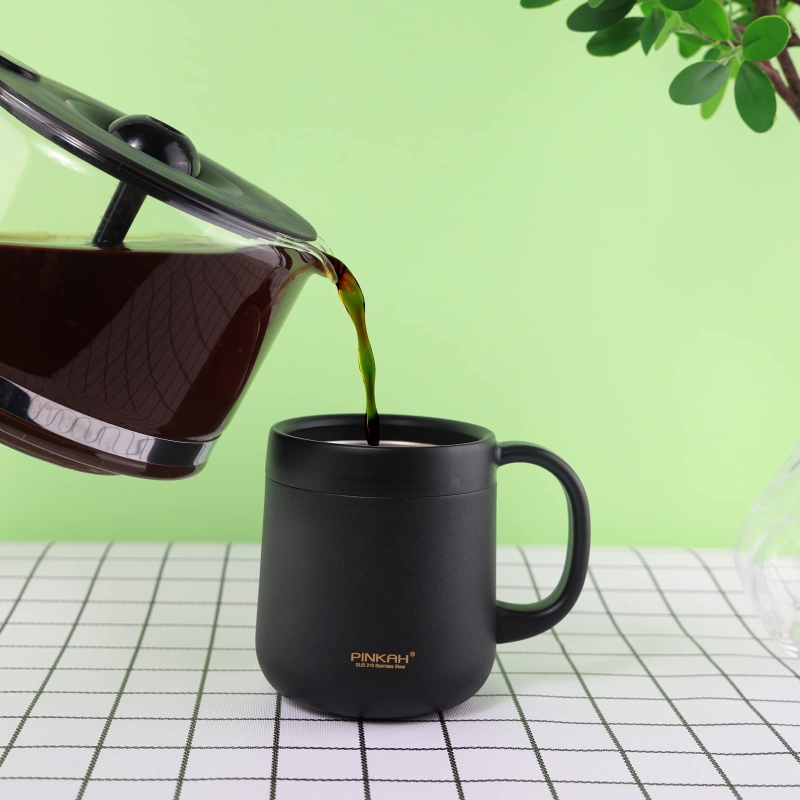 PINKAH 11OZ 330ML Stainless Steel Insulated Coffee Mug with Handle, Double Wall Stainless Steel Tumbler Cup with 2 Lids, Black