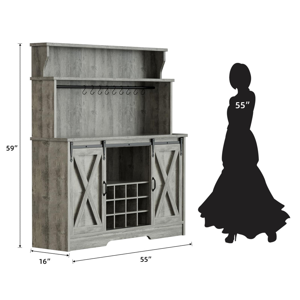 BestHaped 55'' Farmhouse Coffee Bar Cabinet with 3 Tier Storage Hutch, Coffee Bar Station with Sliding Barn Door, Hutch Storage Cabinet with 12 Wine Racks & 9 Hooks for Kitchen Dining Living Room