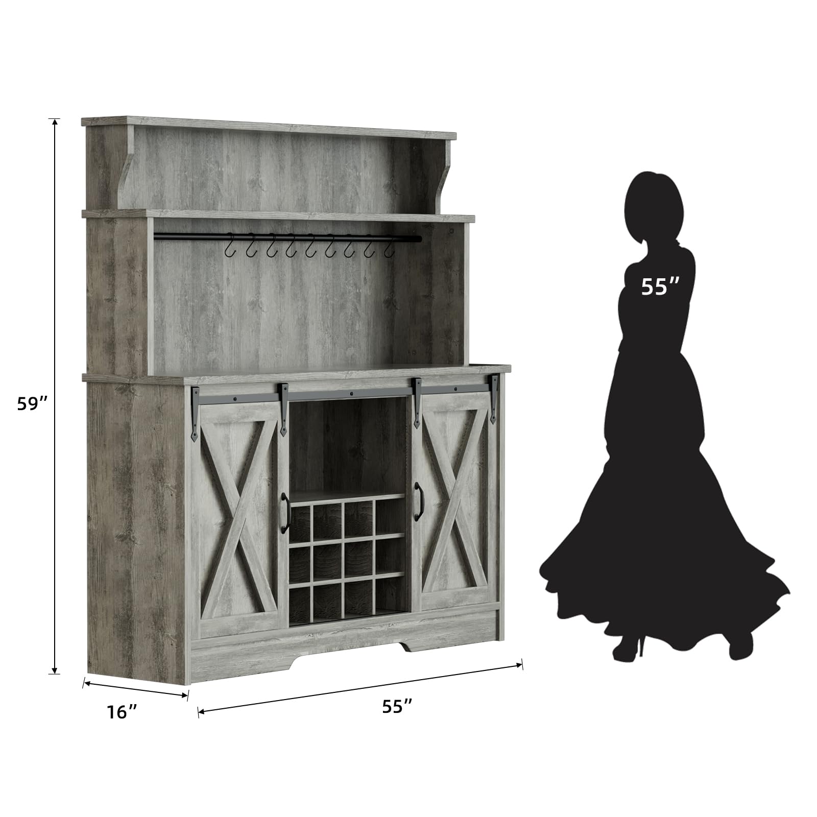 BestHaped 55'' Farmhouse Coffee Bar Cabinet with 3 Tier Storage Hutch, Coffee Bar Station with Sliding Barn Door, Hutch Storage Cabinet with 12 Wine Racks & 9 Hooks for Kitchen Dining Living Room