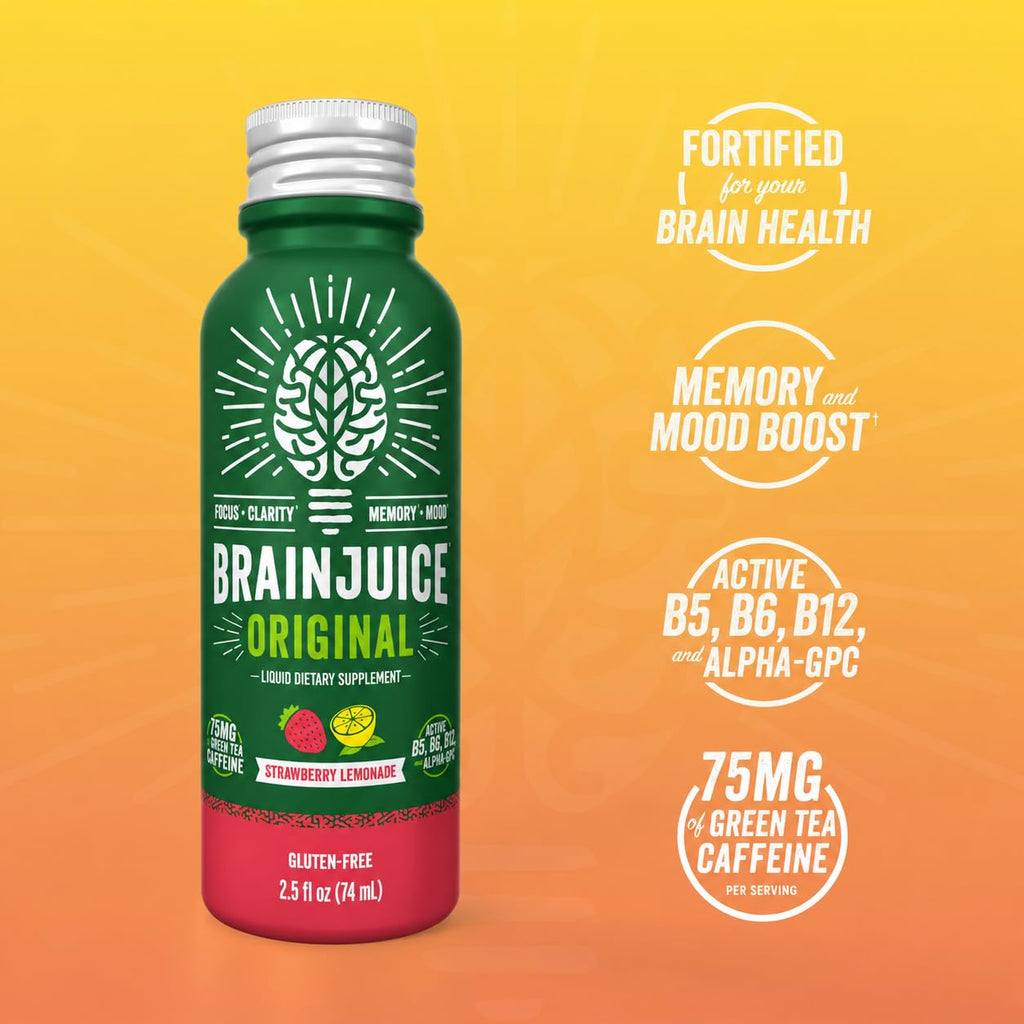 BrainJuice Decaf Strawberry Lemonade Nootropic Supplement Shot, 2.5 fl oz, 12 Pack