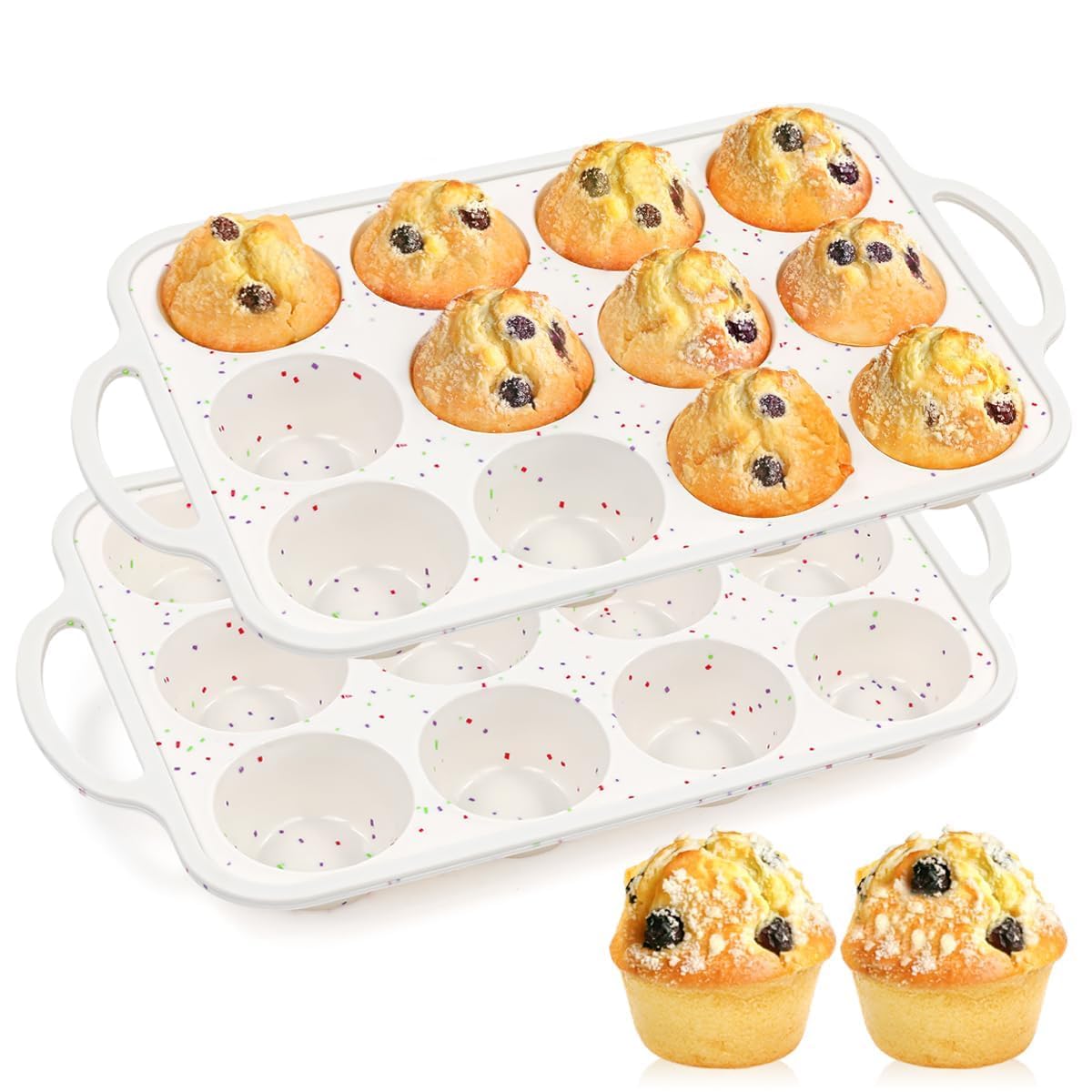 FUNBAKY Silicone Cupcake Pan, Metal Reinforcement Regular Size 12 Cups & Mini 24 Cups Nonstick Easy to Demold Baking Mold for Making Homemade Muffins