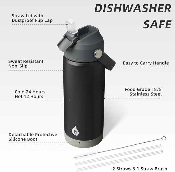 BJPKPK Insulated Water Bottle with Straw Lid, 18oz Thermos Water Bottles with Soft Nozzle, Flex Handle & Non-slip Boot, BPA Free Leak Proof Stainless Steel Metal Thermos, Tumblers, Cups,Black
