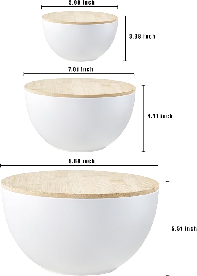 JOYMAY Salad Bowls, Mixing Bowl Salad Bowl Set, Natural Bamboo Fiber Serving Bowl Set of 3 with Bamboo Wood Lid, Nesting Bowls for Salads,Pastas(White,10",8",6")