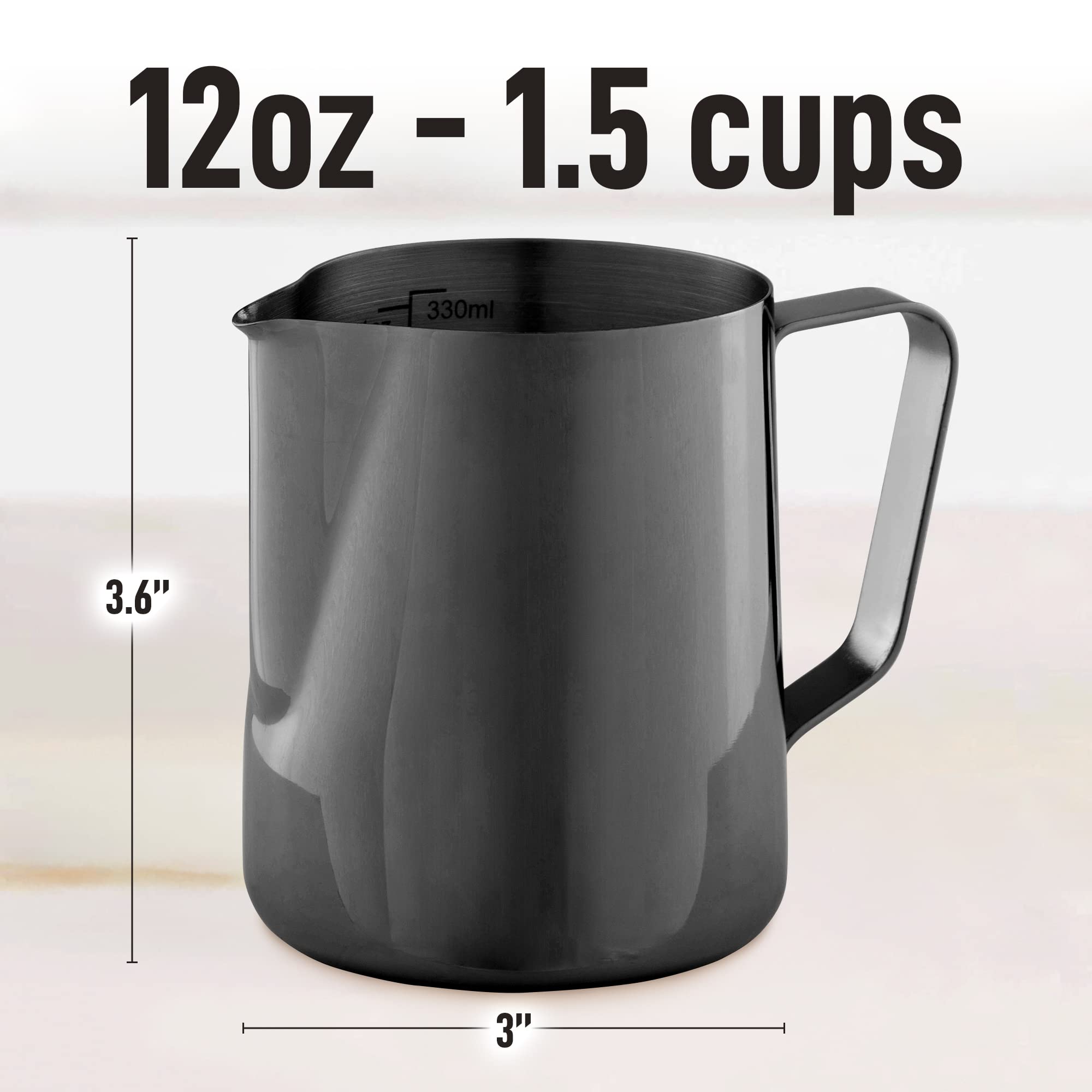 Zulay Milk Frother Cup 350ml/600ml/950ml (12oz/20oz/32oz) - Stainless Steel Frothing Pitcher With Laser-Welded Handle & Precise Measurement Markings - Black - 12oz