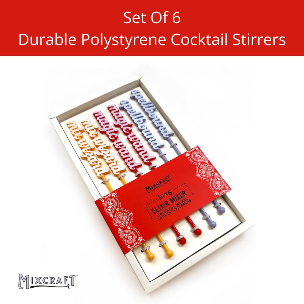 MixCraft Elixir Mixer Cocktail Stirrers, Drink Stirring Swizzle Sticks, Colorful Words, Set of 6