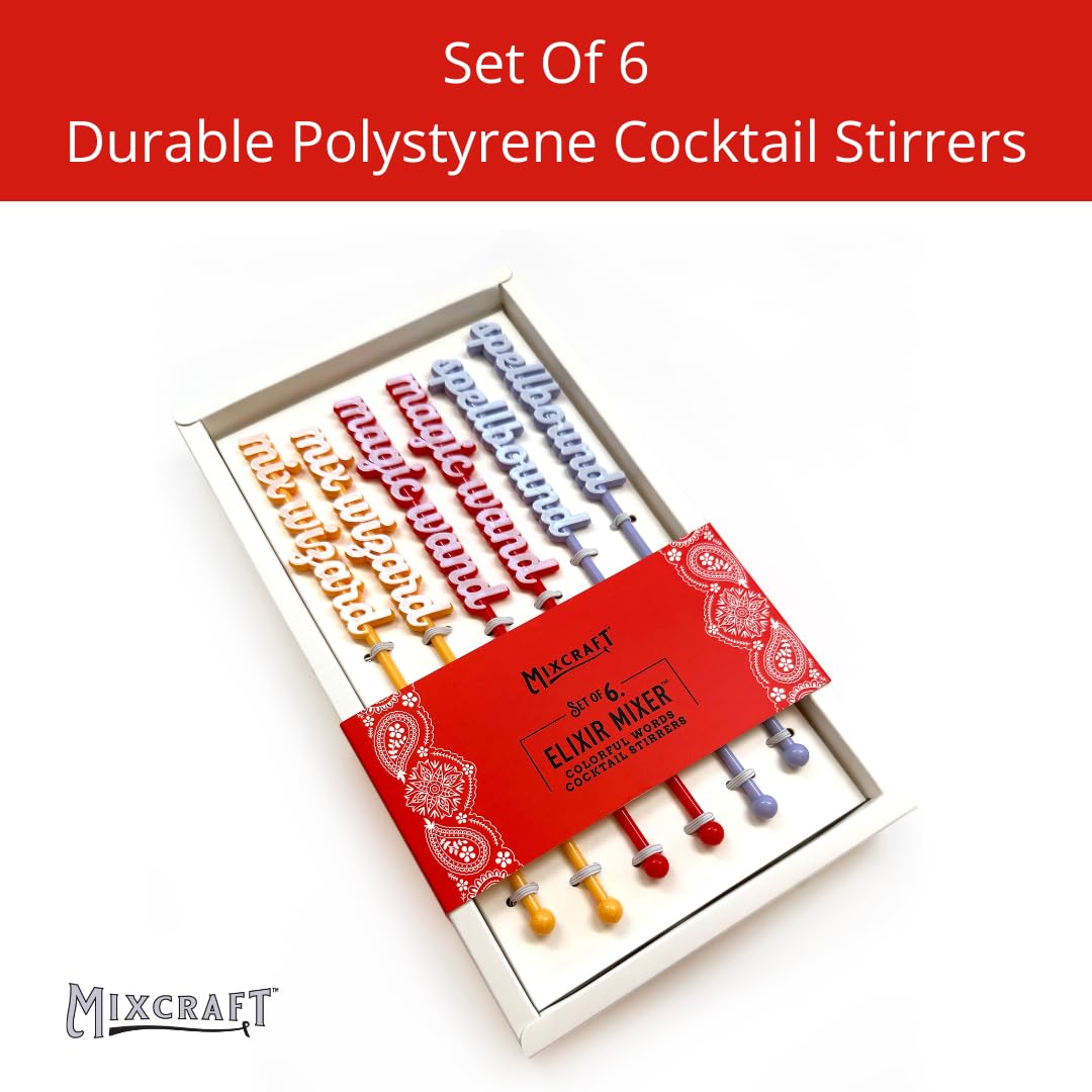 MixCraft Elixir Mixer Cocktail Stirrers, Drink Stirring Swizzle Sticks, Colorful Words, Set of 6