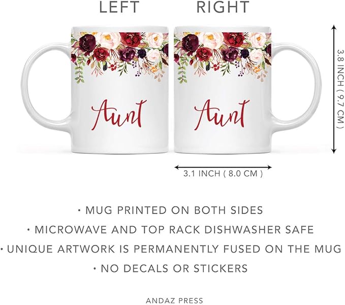 Andaz Press 11oz. Mother's Day Ceramic Coffee Tea Mug Gift, Fall Autumn Marsala Burgundy Flowers Roses Florals, Aunt, 1-Pack, Includes Gift Box, Birthday Christmas Gift Ideas