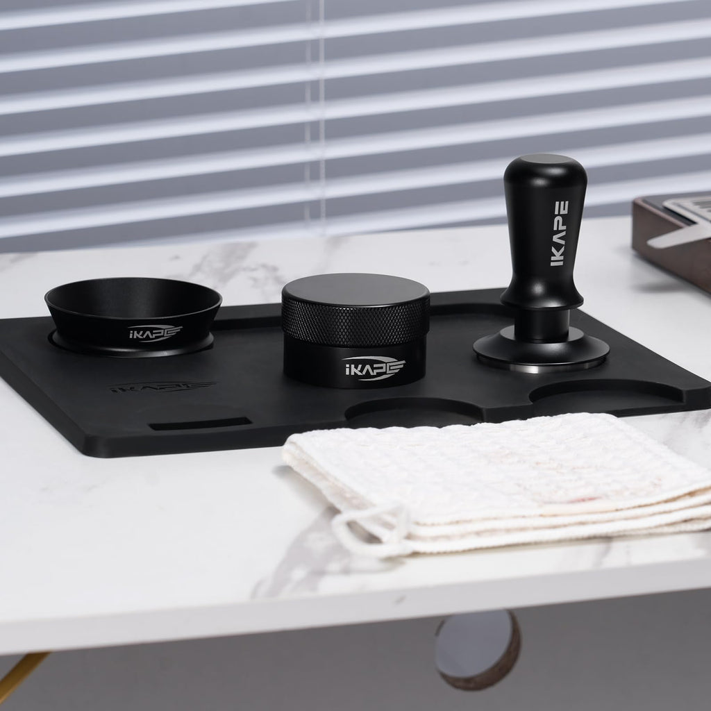 IKAPE 58MM Espresso Tamper Kit Black 6 IN 1, Coffee Tamper Set Including Tamper, Distributor, Magnetic Dosing Funnel, Silicone Mat, Puck Screen, and Cleaning Towel