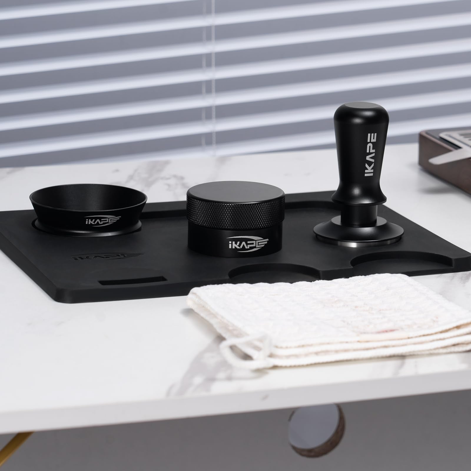 IKAPE 58MM Espresso Tamper Kit Black 6 IN 1, Coffee Tamper Set Including Tamper, Distributor, Magnetic Dosing Funnel, Silicone Mat, Puck Screen, and Cleaning Towel