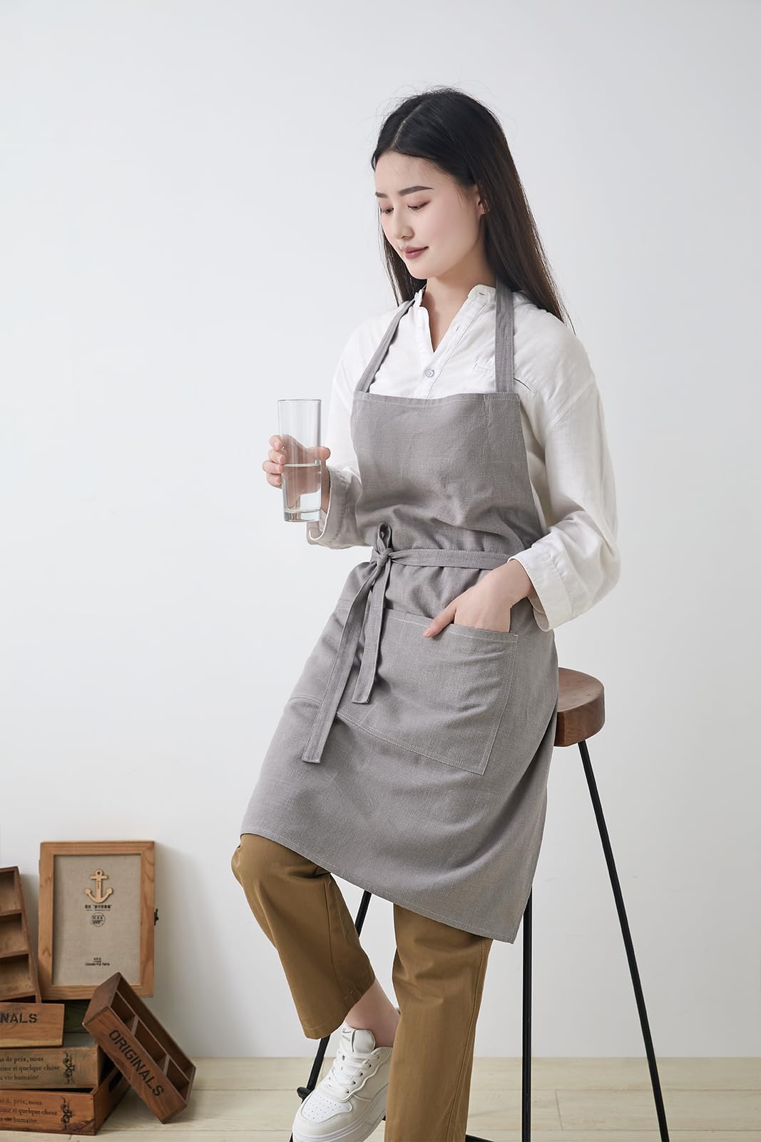 Tobyan Cotton Linen Apron for Women - Adjustable Casual Apron with Pocktes, Great for Florist, Coffee House and Kitchen (Light Grey)