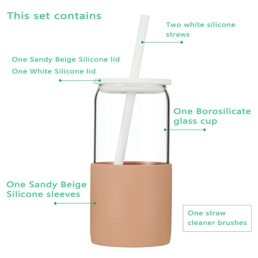 Sunseeke Glass Tumbler with Straw and Lid, 16oz Ice Coffee Cup, Silicone Sleeve Cleaning Brushes, Drinking Glasses for Water, Iced Coffee, Smoothie - BPA Free (Sandy Beige)