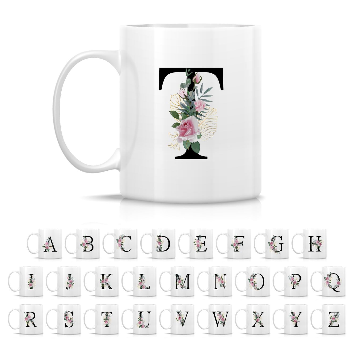 Retreez Initial A-Z Floral Botanical Bouquet Alphabet Monogrammed Monogram Mug 11 Oz Ceramic Tea Coffee Mugs - Appreciation Thank You Wedding Birthday Gifts for her friend coworker sister - T Initial