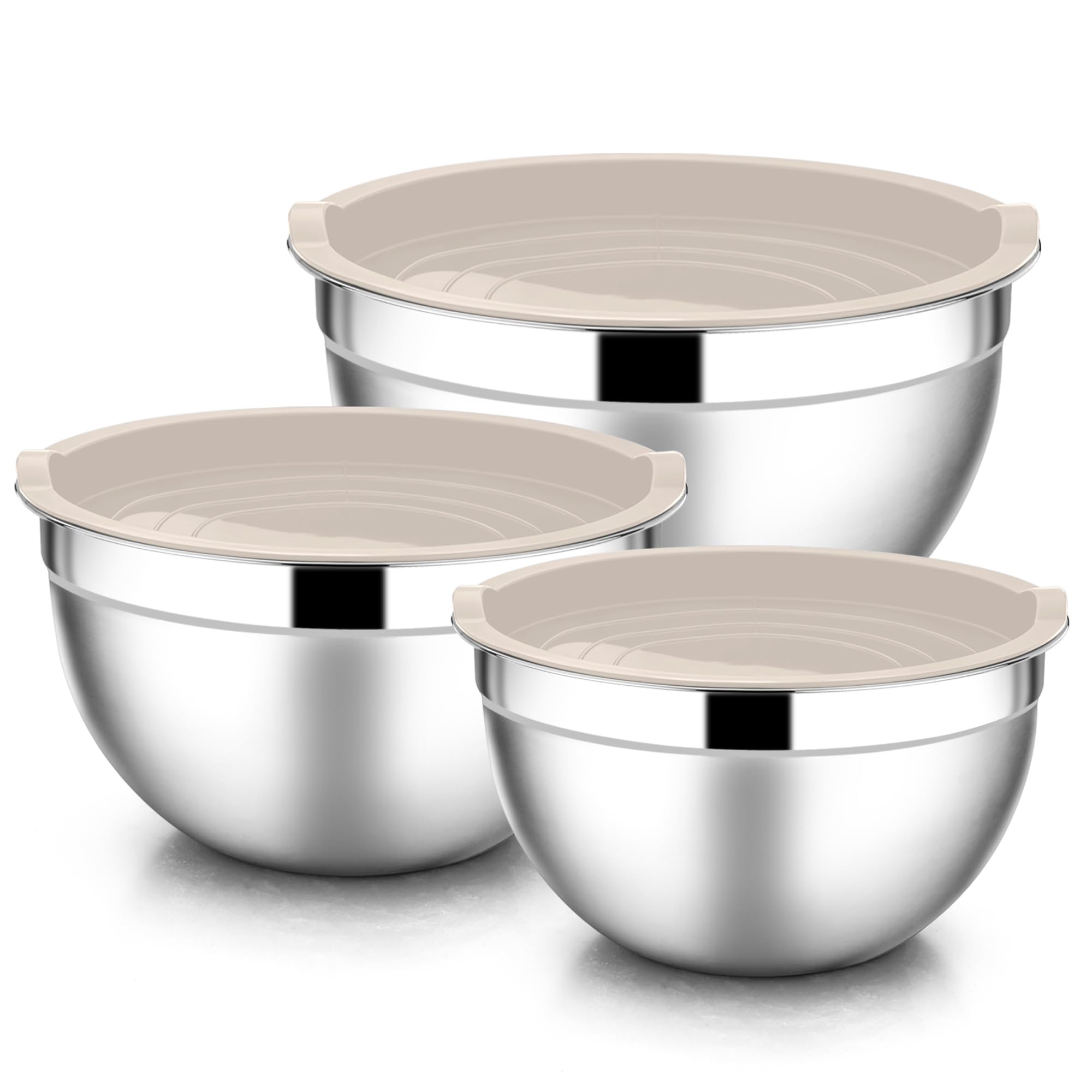 E-far Mixing Bowls with Lids, 6-Piece Stainless Steel Salad Bowls Metal Nesting Bowls for Baking Cooking and Prepping, Airtight Lids & Stackable Design, Size 4.5, 3, 1.5 QT (Khaki)