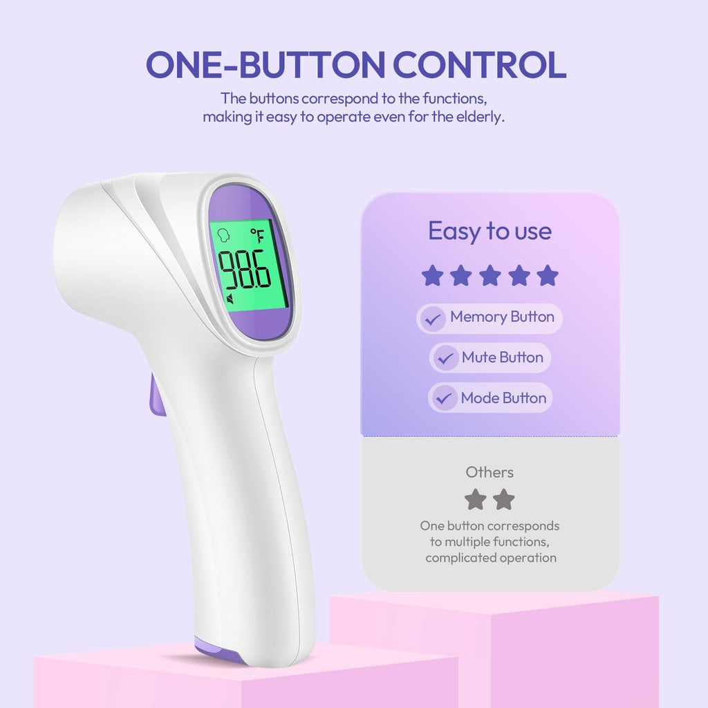 Forehead Thermometer for Adults, Kids & Babies, No-Touch Digital Thermometer with LCD Backlight Display, Fever Alarm and 1s Instant Reading - Purple