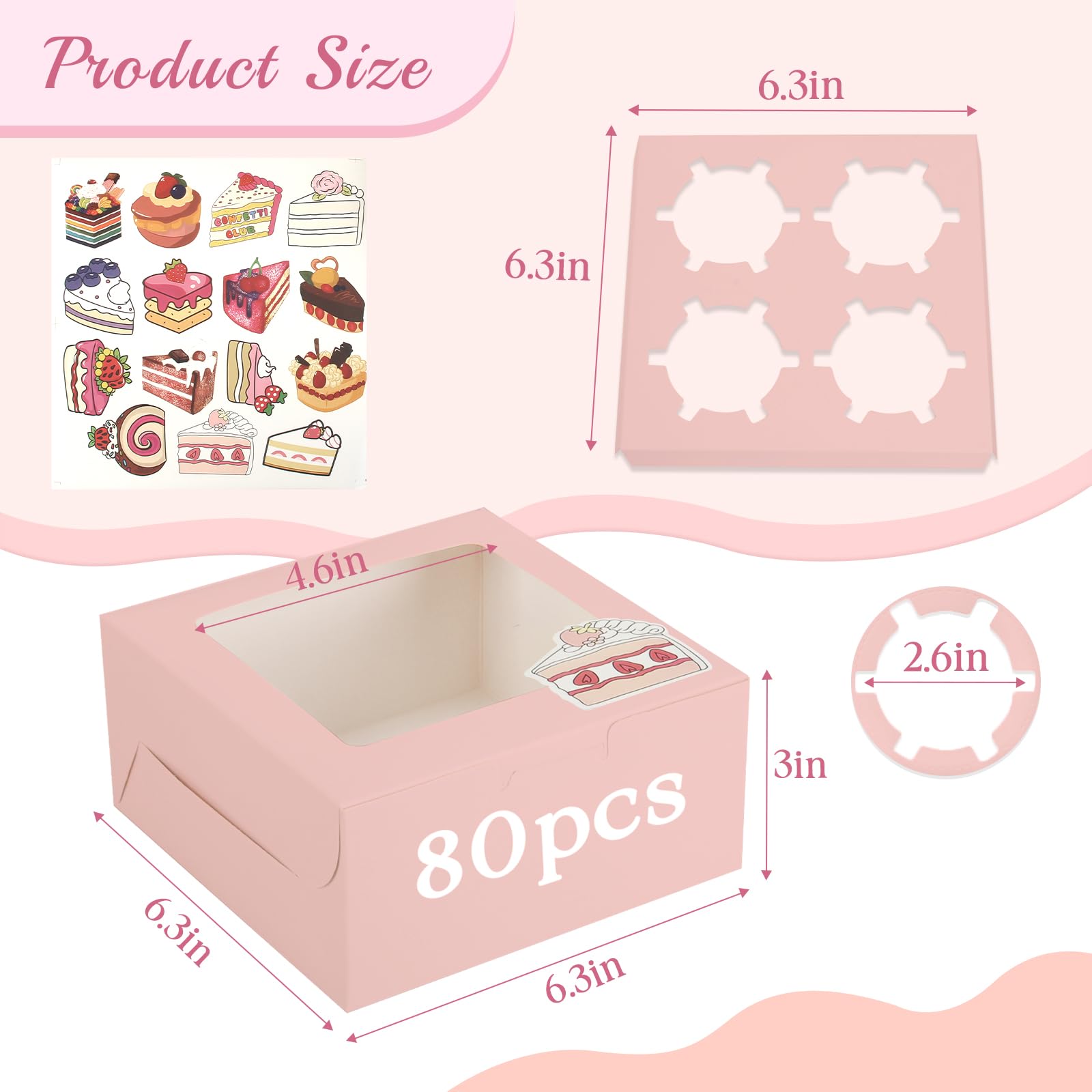 OAMCEG 80 Pack Cupcake Boxes with Window, 6x6x3 Inches Cookie Boxes, Bakery Treat Boxes for Pastry, Desserts, Chocolate Strawberries, Cupcake Containers, Gift Giving with Stickers & Twine （Pink）