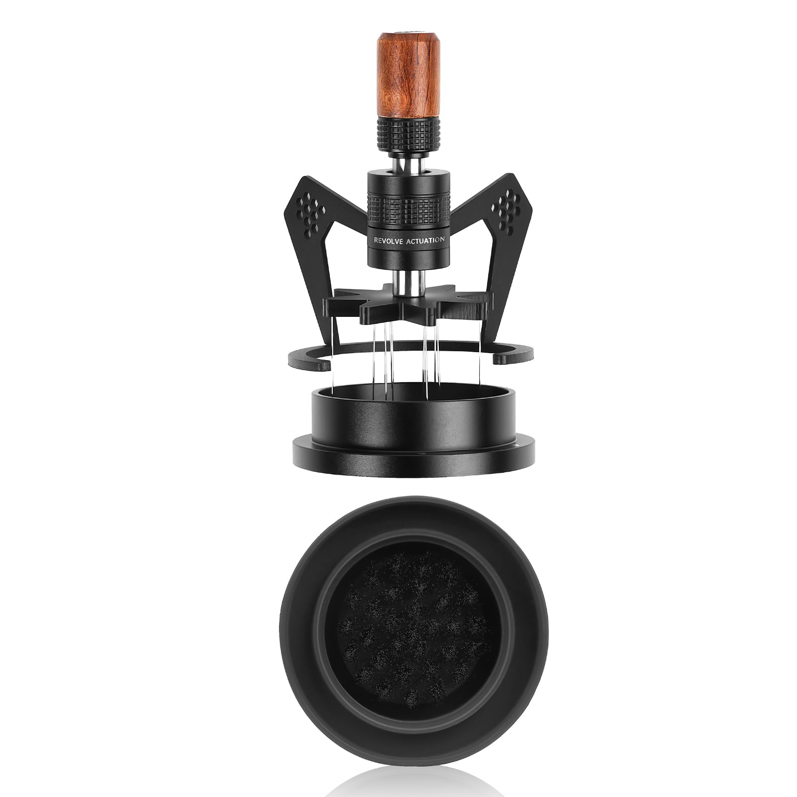 IKAPE Mantis WDT Distribution Tool, V1-40MM Espresso Stirrer for Barista - 10 Needle Espresso Stirrer with Dosing Funnel & Stand- Walnut Handle with Clean Brush, Black