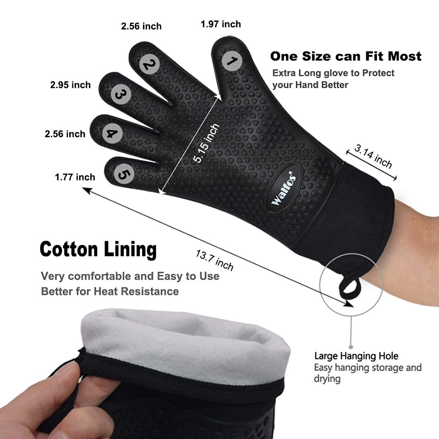 Walfos BBQ Gloves - 500°F Heat Resistant Grilling Gloves Set with Meat shredding Claws & Silicone Brush, Non-Slip Kitchen Silicone Oven Mitt, for Barbecue, Cooking, Baking, Cutting, Black