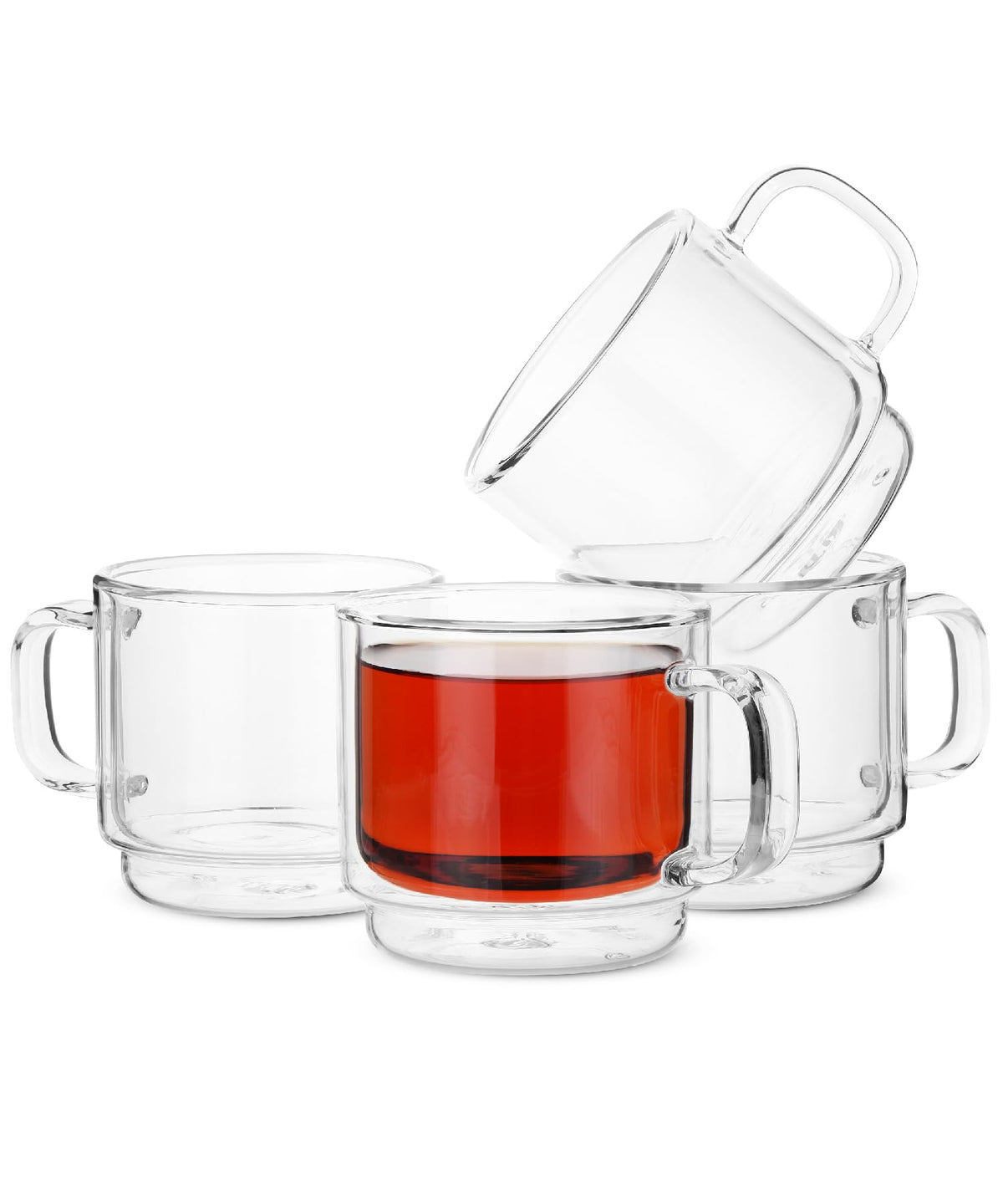 BTaT- Double Walled Stackable Glass Coffee Mugs, 8 oz, Set of 4, Glass Coffee Cups with Handle, Insulated Clear Coffee Mug for Hot and Cold Beverages, Cappuccino, Latte, Tea, Americano